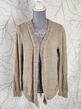 Cyrus Beige Open Knit Panel Open Front Cardigan